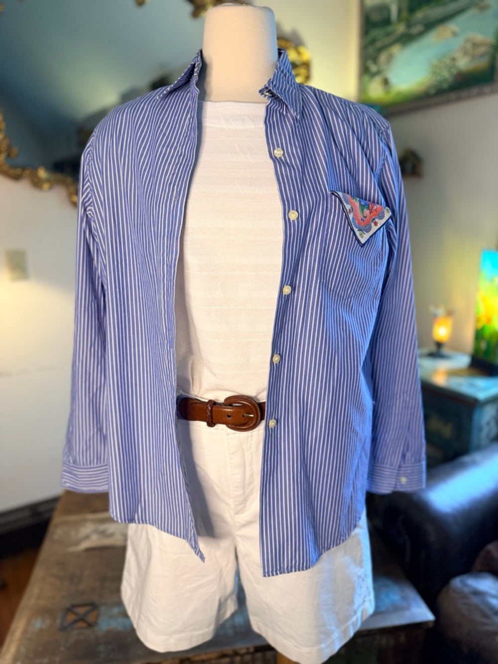 Fab Outfit- Striped Shirt/Textured Top/Shorts/Belt & Antique floral handkerchief